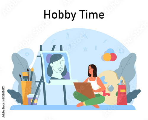 Female artist sitting at the easel and painting. Young painter with palette