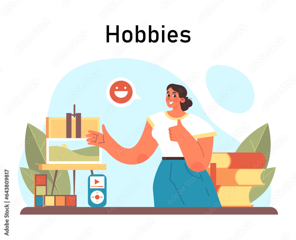 Hobby. Female character enjoying their free time. Daily life leisure Hobby. Female character enjoying their free time. Daily life leisure