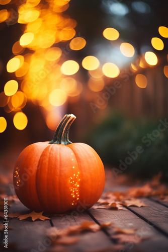 Autumn pumpkin decoration. Blurred dark bokeh background. Holiday mockup created with Generative Ai technology