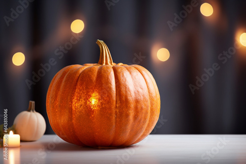 Fall pumpkins and candle on table. Blurred dark bokeh background. Holiday mockup scene created with Generative Ai technology