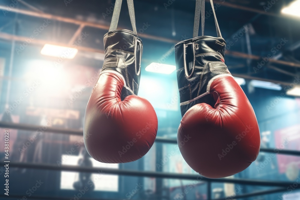 Pair of Leather Boxing Gloves Hanging in a Gym: Concept for Strength Training, Competitive Sports, and Boxing Equipment - Generative AI
