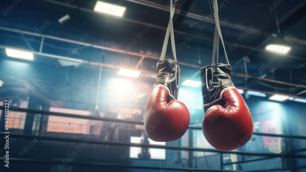Hanging Boxing Gloves in a Ring with copy space: Concept for Fight Preparation, Athletic Training, and Protective Gear - Generative AI