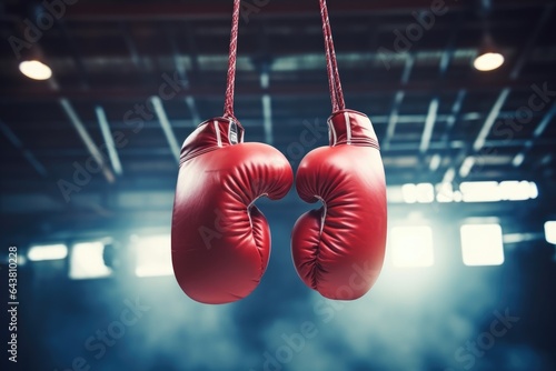 Pair of Boxing Gloves Hanging in a Sporting Environment: Concept for Athletic Hobbies, Competitive Matches, and Fitness - Generative AI
