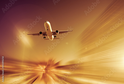 Big airplane taking up motion in sky on landscape blurred background
