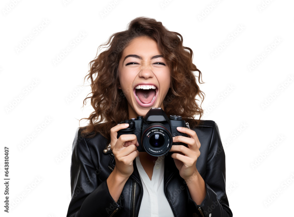laughing photographer woman with camera in hands - obrazy, fototapety, plakaty 