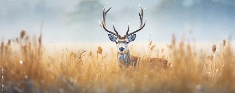 Banner with red deer stag in the autumn field. Noble deer male. Beautiful animal in the nature habitat. Wildlife scene from the wild nature landscape. Wallpaper, beautiful fall background - obrazy, fototapety, plakaty 