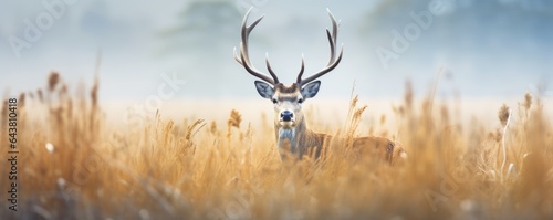Banner with red deer stag in the autumn field. Noble deer male. Beautiful animal in the nature habitat. Wildlife scene from the wild nature landscape. Wallpaper, beautiful fall background photo