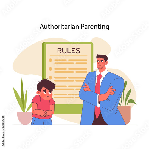 Authoritarian parenting styles. Strict parent set up the rules. Obedience