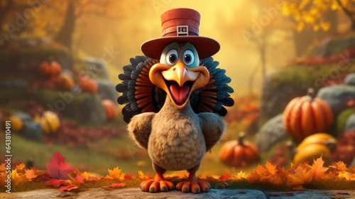 Fotografia Thanksgiving turkey in funny cartoon style. Happy bird