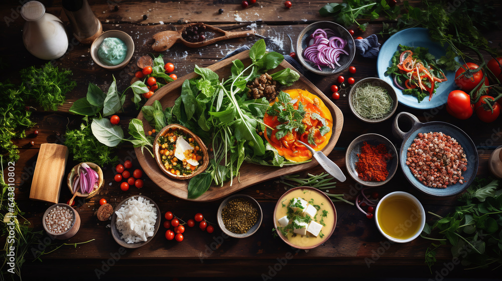 Charming food blog image. A vibrant display of a rustic wooden table, surrounded by an array of fresh, fragrant herbs and spices Charming food blog image. A vibrant display of a rustic wooden table, surrounded by an array of fresh, fragrant herbs and spices
