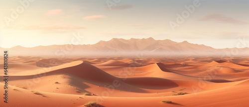 Mgła nad pustynią. Krajobraz pustynny. Wydmy z piasku. Tło w kolorze beżowym pod baner, grafikę.  © yeseyes9