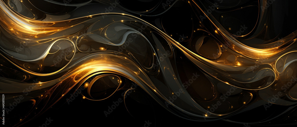 Czarne abstrakcyjne tło - dynamiczna złota substancja przepływająca jak olej, paliwo. - obrazy, fototapety, plakaty 