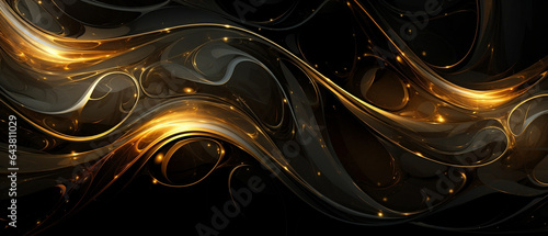 Czarne abstrakcyjne tło - dynamiczna złota substancja przepływająca jak olej, paliwo. #643811029