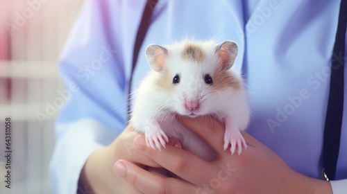Veterinary clinic for pets. Cute hamster in the hands of a veterinarian.