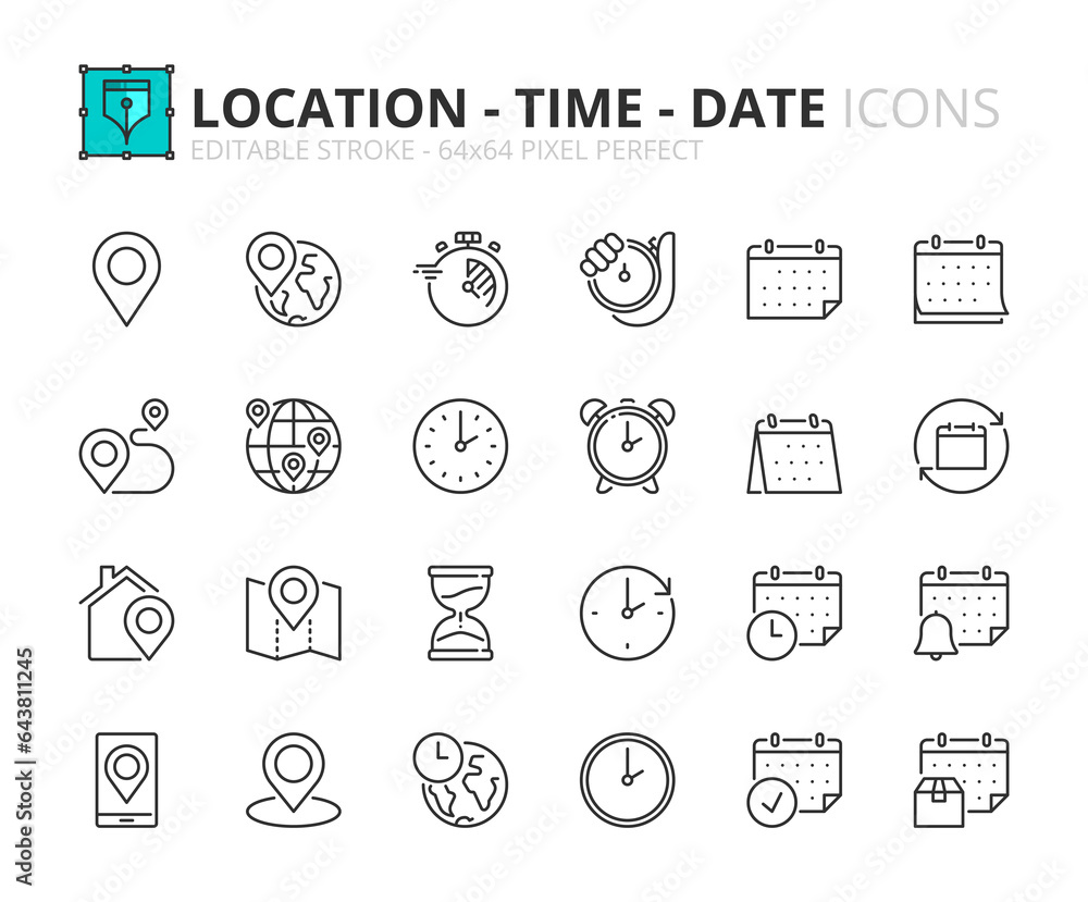 Simple set of outline icons about location, time and date Stock Vector ...