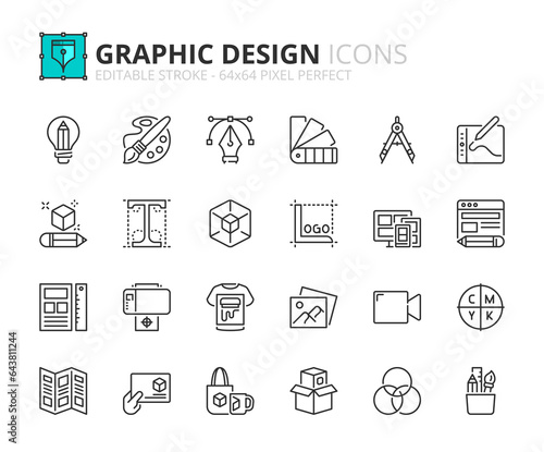 Simple set of outline icons about graphic design