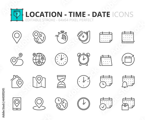 Simple set of outline icons about location, time and date
