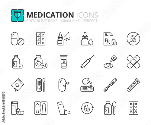 Simple set of outline icons about medication