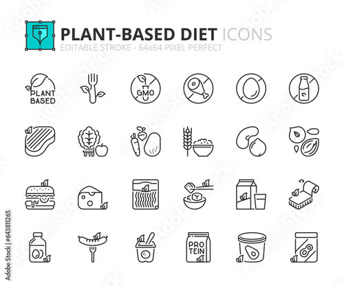 Simple set of outline icons about plant based diet