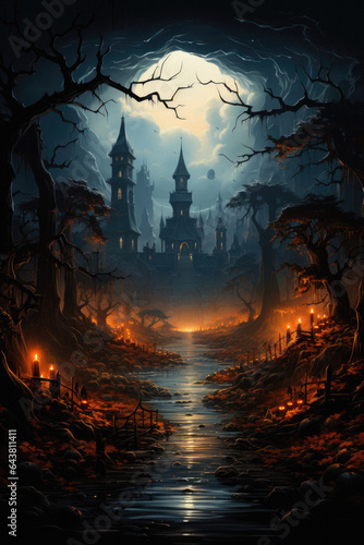 Happy Halloween background spooky scene, creepy dark night jack o lantern pumpkins and spooky graves on graveyard ghosts horror gothic evil cemetery landscape. Mysterious night moonlight backdrop.