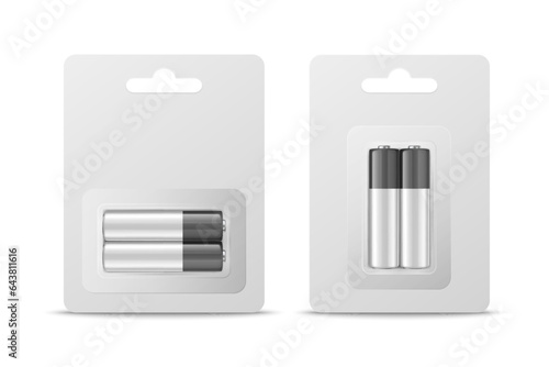 Vector 3d Realistic Two Alkaline Battery in Paper Bliste Icon Set Closeup Isolated. AA Size, Horizontal and Vertical Position. Design Template for Branding, Mockup