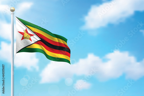 Waving flag of Zimbabwe on sky background. Template for independence