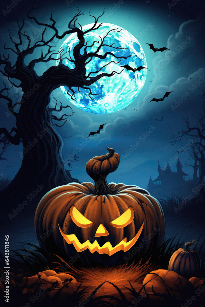 Happy Halloween spooky scary moon night scene horror landscape background. Creepy dark forest woods trees, moon and Happy Haloween ghosts gothic mysterious sky moonlight gloomy scenery backdrop.