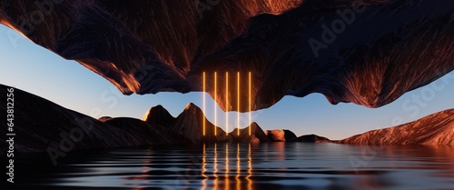 3d rendering, yellow neon vertical lines glowing over the futuristic seascape with cliffs and water. Modern minimal abstract background. Spiritual zen wallpaper with sunset or sunrise light © wacomka