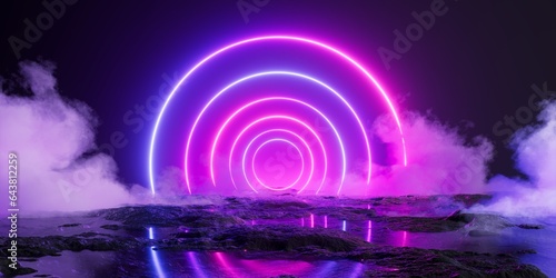 Fototapeta Naklejka Na Ścianę i Meble -  3d render, abstract neon background, glowing round tunnel, illuminated smoke, reflection in the water, mysterious terrain. Fantastic landscape