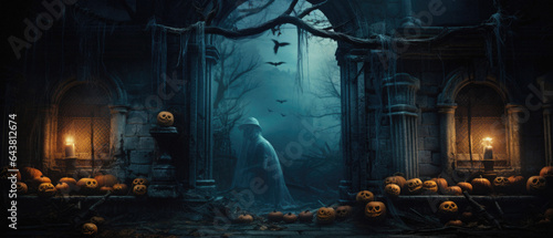 Halloween spooky background, scary pumpkins in old big creepy Happy Haloween ghosts horror house evil haunted castle scene. Creepy dark gothic mysterious night dark backdrop concept.