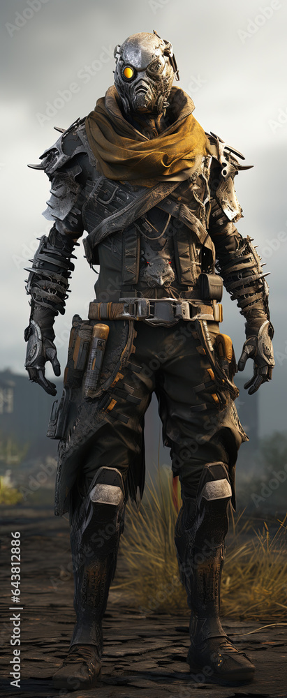 Game character. Space cyberpunk soldier. With gas mask on distant planet. worn clothes, hooded. Hunter and intergalactic explorer. Game character. Space cyberpunk soldier. With gas mask on distant planet. worn clothes, hooded. Hunter and intergalactic explorer.