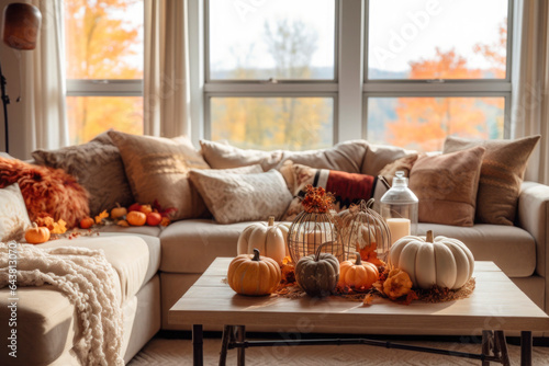 Fotografia Cozy living room interior in fall palette with autumn flowers and pumpkins decor