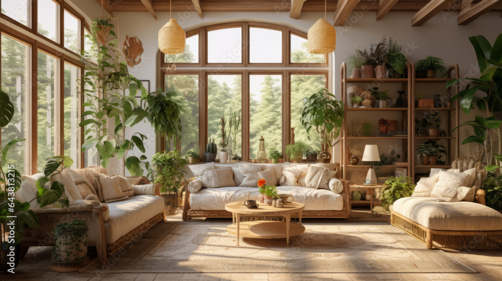 Fototapeta premium Luxurious light-filled living room with stylish furniture, plants, and wealth ambiance.