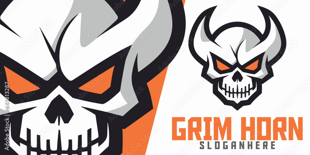 Fototapeta premium Illustrated Horned Skull: Logo, Mascot, Artwork, Vector Graphic for Sports and E-Sport Squads, Demon Skeleton Mascot with Horned Head.