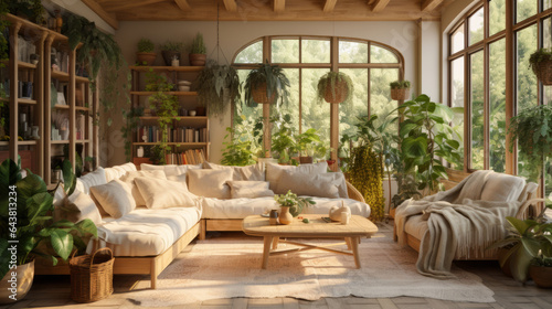 Luxurious light-filled living room with stylish furniture  plants  and wealth ambiance.