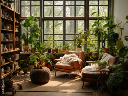 Luxurious light-filled living room with stylish furniture, plants, and wealth ambiance.