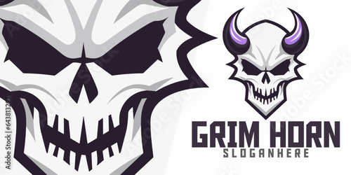 Horned Skull Illustration: Logo, Mascot, Art, Vector Graphic for Sport and E-Sport Gaming Teams, Demon Skeleton Mascot with Horned Face.

