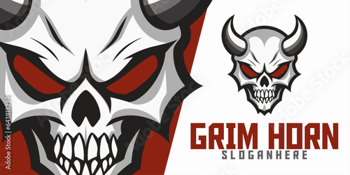 Skull with Horns: Logo, Mascot, Illustrated Art, Vector Graphic for Sports and E-Sport Gaming Teams, Demon Skeleton Head with Horns