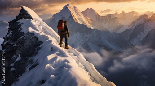 A man is climbing to the top of a snowy mountain