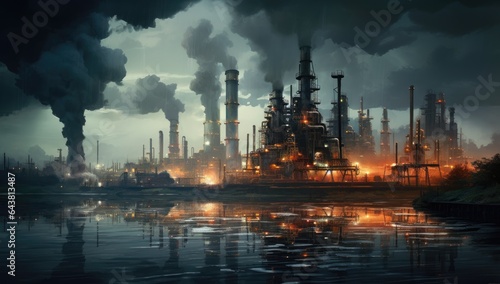 oil refineries burn at night with large smoke billowing from them Generative AI