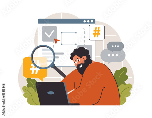 Hashtag. Character using digital device for sending posts and sharing