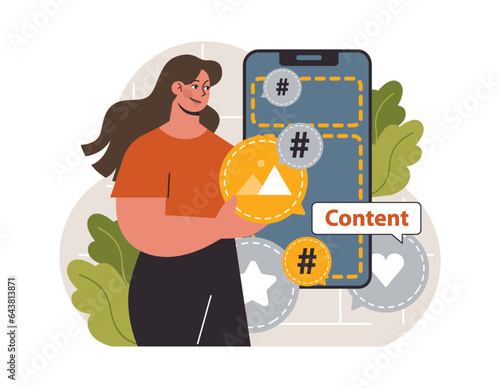 Hashtag. Character using digital device for sending posts and sharing