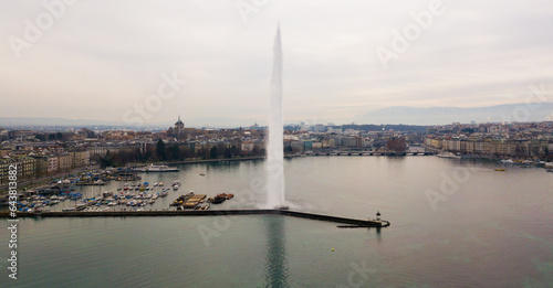 Aerial view of the fountain on the Lake Leman. Geneva. Switzerland
