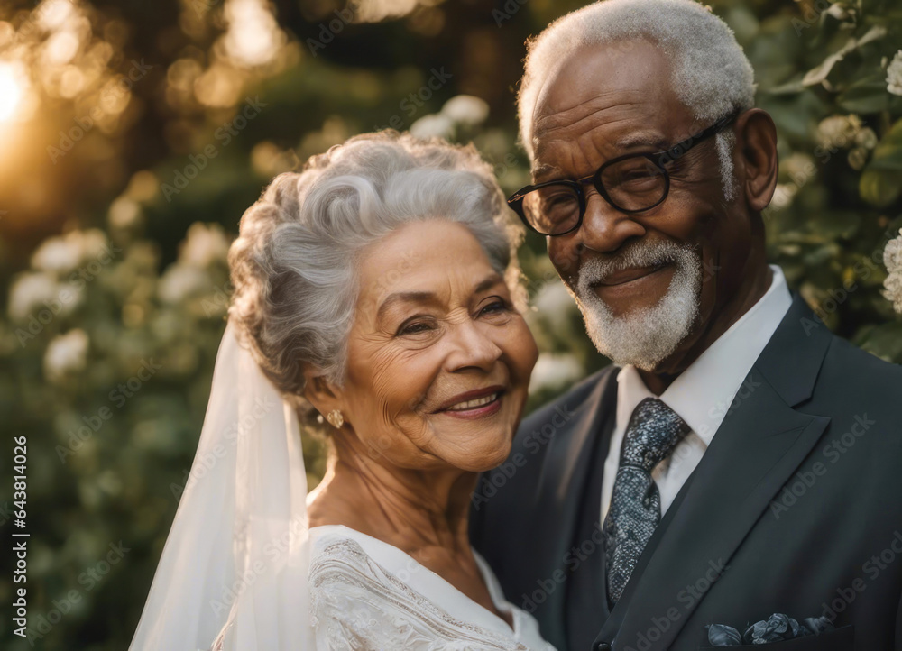 Beautiful elderly diverse wedding couple outdoors in the garden Beautiful elderly diverse wedding couple outdoors in the garden