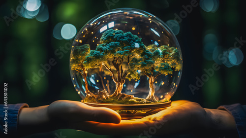 A tree in a transparent glass ball in the hands of a man. Environmental Protection. Ecology.