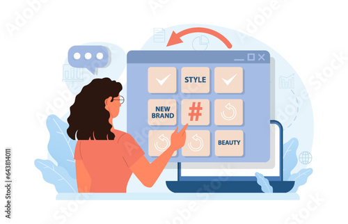 Hashtag. Character using digital device for sending posts and sharing