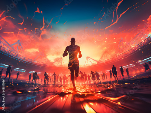 Silhouettes of athletes and sprinters running on the track at the Olympic stadium. The concept of victory and winning. Olympic Games. Generative AI