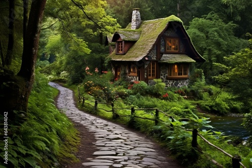 Enchanting path through forest leads to charming cottage. Generative AI