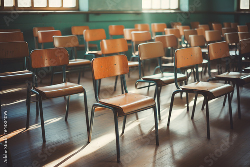 School chairs in an empty classroom. High quality photo