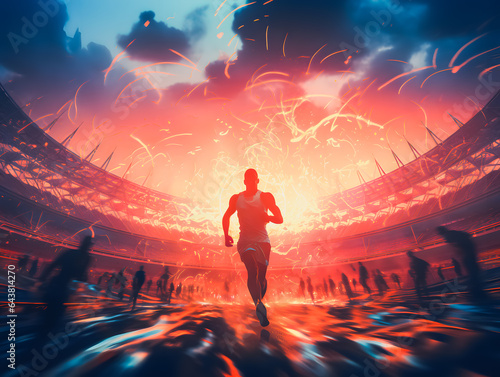 Silhouettes of athletes and sprinters running on the track at the Olympic stadium. The concept of victory and winning. Olympic Games. Generative AI